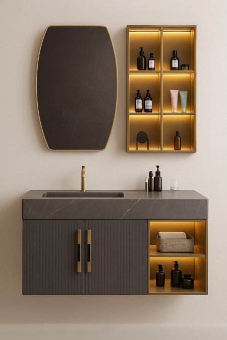 مغسلة بورسلان غرافيتي فاخرة مع خزانة معلّقة وإضاءة ذهبية – مع مرآة LED